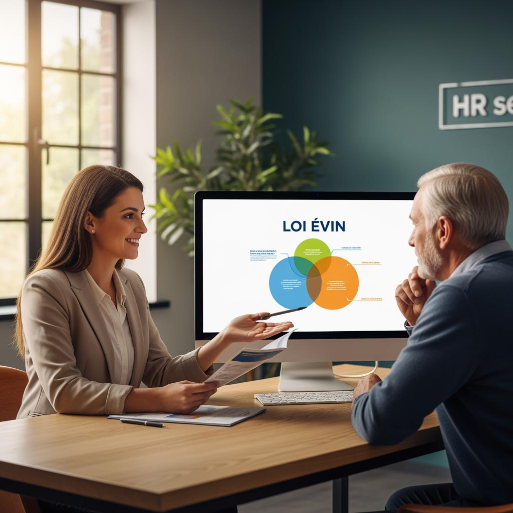 Bureau d’un service RH d’entreprise, agent expliquant à un futur retraité ses options de mutuelle, écran affichant ‘loi Évin