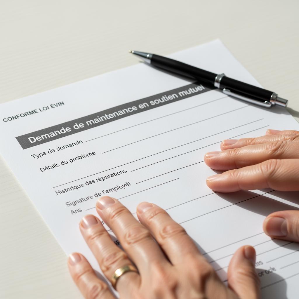 Close-up hyper réaliste d’un formulaire de demande de maintien mutuelle selon la loi Évin, stylo posé dessus, mains d’un ancien salarié