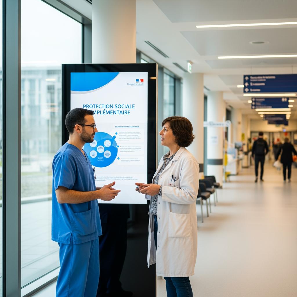 Intérieur d’un hôpital public français, couloir propre et moderne, deux agents hospitaliers en tenue professionnelle discutent devant un panneau d’information sur la protection sociale complémentaire