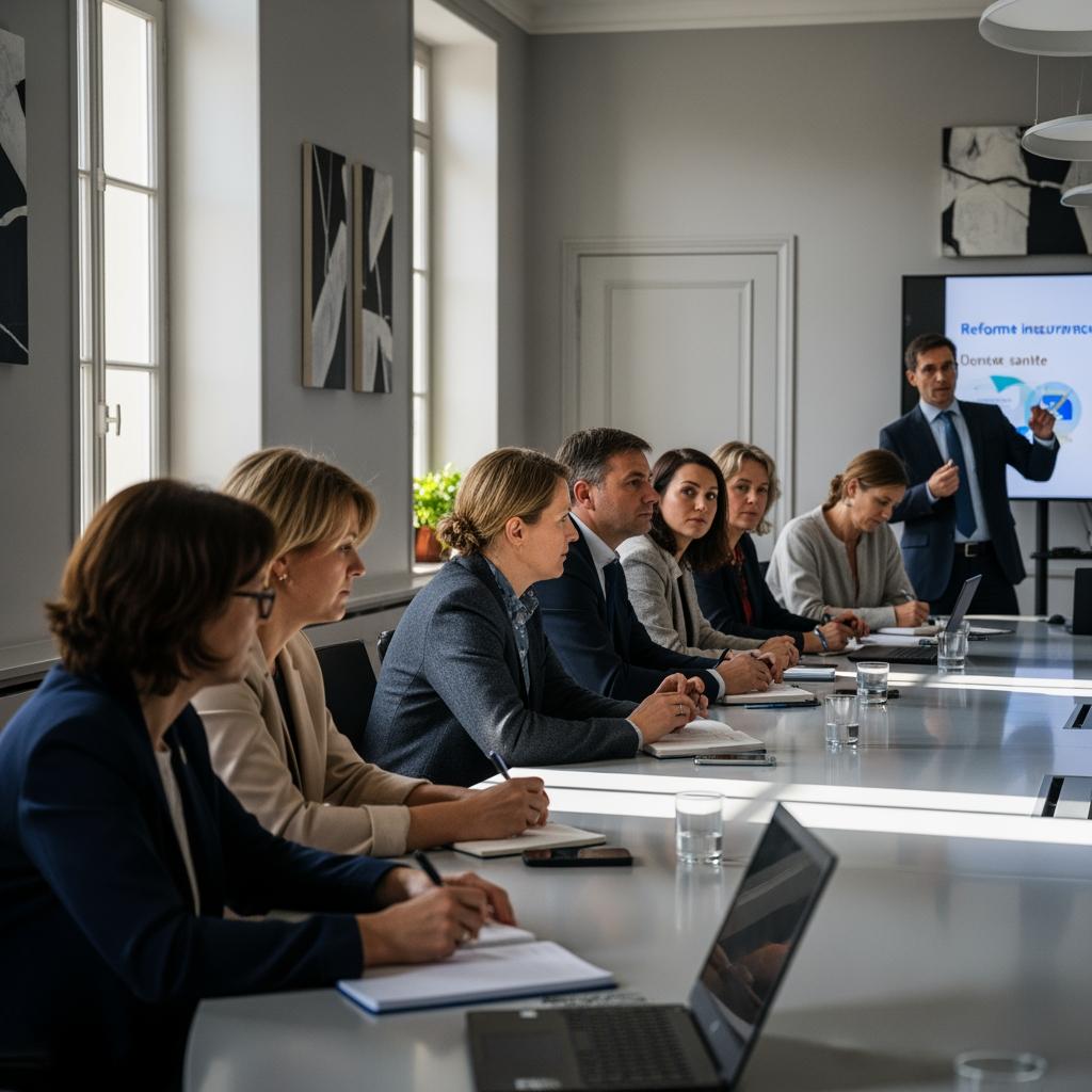 Salle de réunion d’une mairie française moderne, groupe d’agents de la fonction publique en train d’écouter une présentation sur la réforme de la mutuelle obligatoire