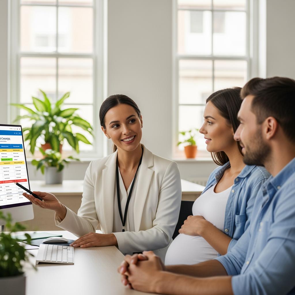  conseiller en assurance expliquant à un couple de futurs parents leurs droits à la prime de naissance, bureau lumineux, écran d’ordinateur affichant un tableau de garanties santé, ambiance professionnelle mais rassurante.