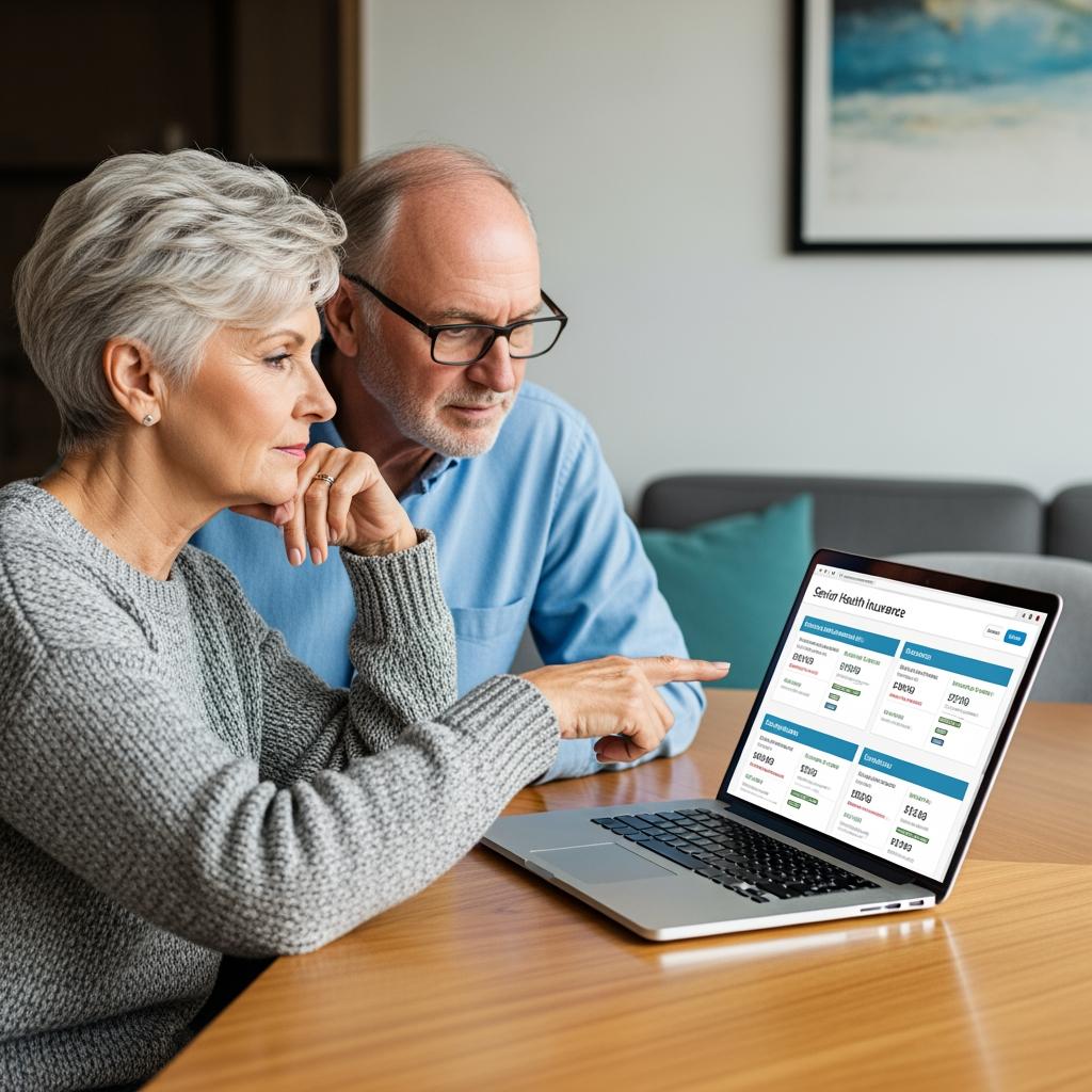  couple retraité en train de comparer des devis de mutuelle senior sur ordinateur portable, intérieur cosy