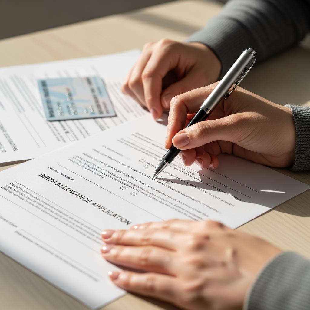 mains de future maman posant un stylo sur un formulaire intitulé « prime de naissance », documents et carte de mutuelle sur la table