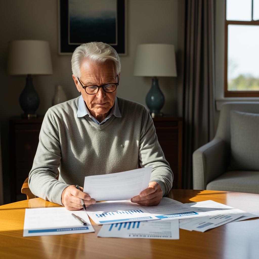 retraité consultant les documents de sa mutuelle d’entreprise sur une table de salon, ambiance calme, lumière naturelle