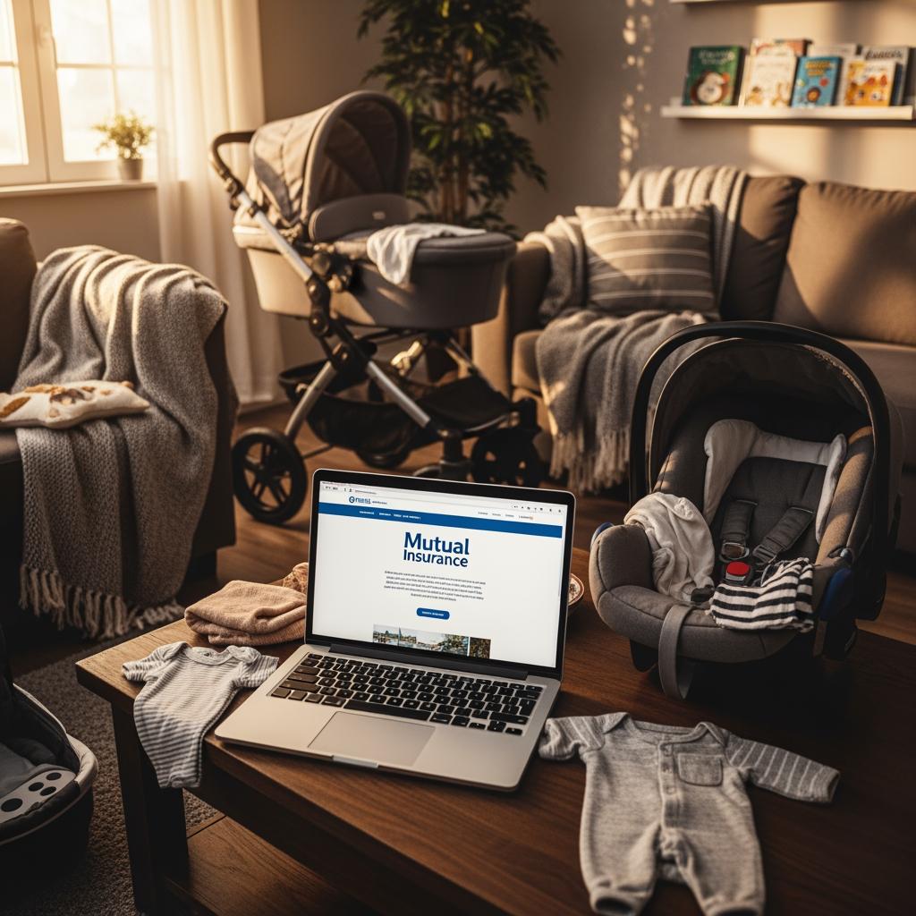 salon avec accessoires pour bébé (poussette, siège auto, vêtements) et un ordinateur portable ouvert sur l’espace client d’une mutuelle, lumière de fin d’après-midi, atmosphère cosy et familiale.